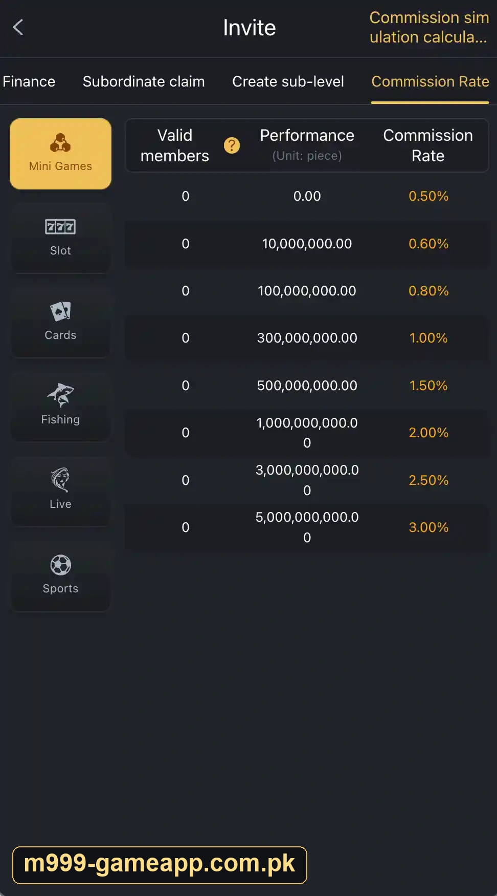 M999 commission rate screen