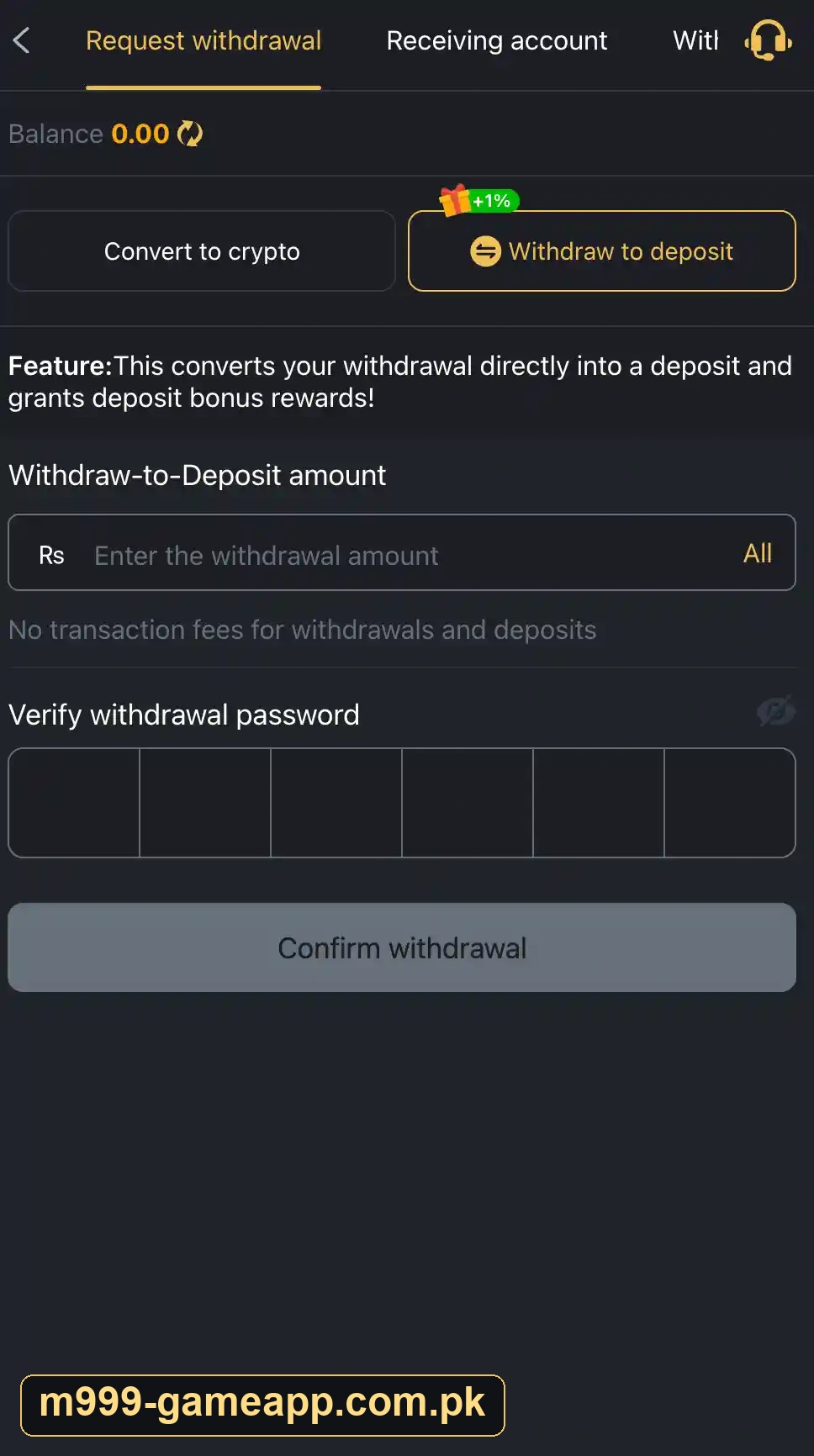 M999 withdrawal to deposit screen